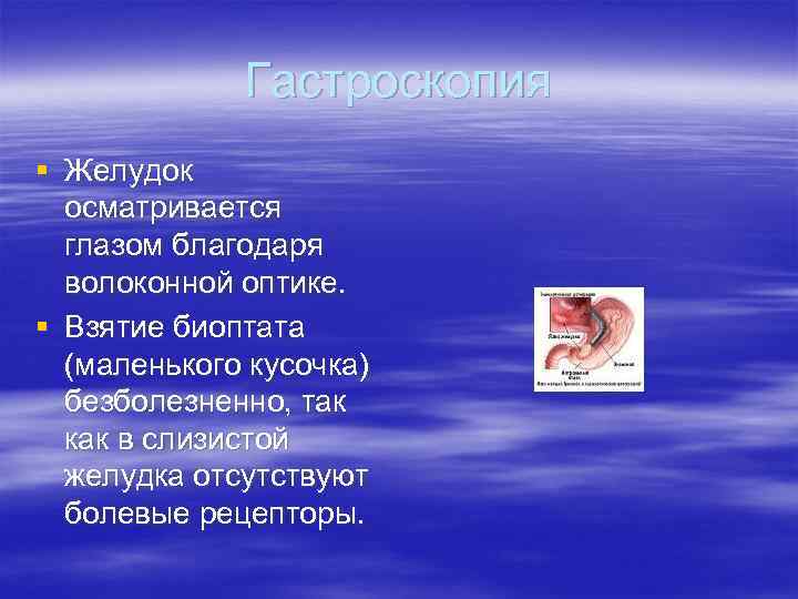 Гастроскопия § Желудок осматривается глазом благодаря волоконной оптике. § Взятие биоптата (маленького кусочка) безболезненно,