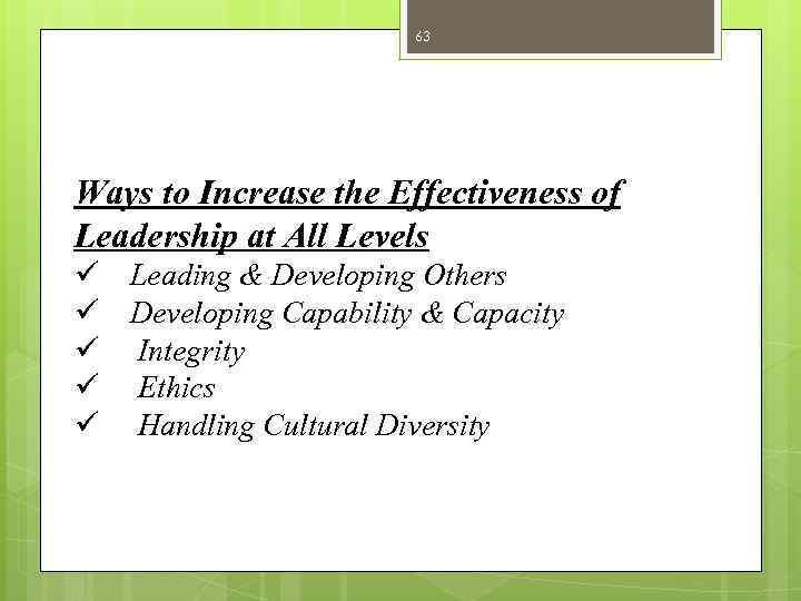 63 Ways to Increase the Effectiveness of Leadership at All Levels ü Leading &