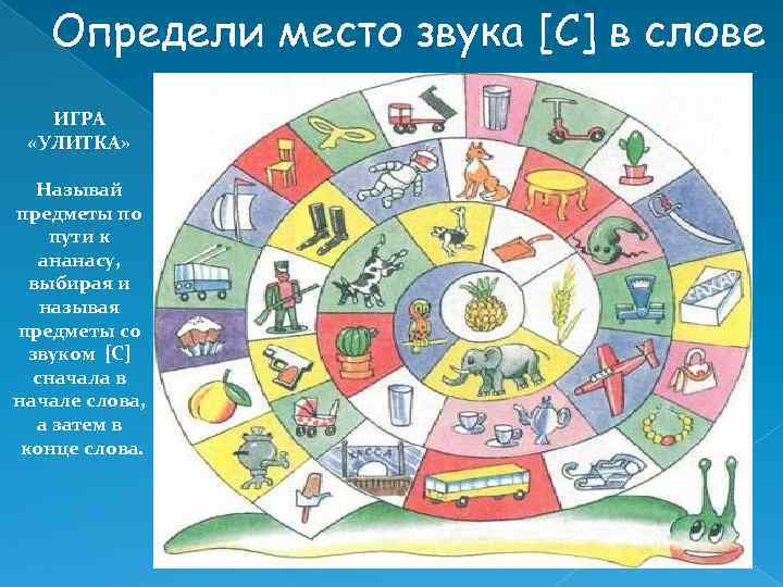 Определи место звука [С] в слове ИГРА «УЛИТКА» Называй предметы по пути к ананасу,