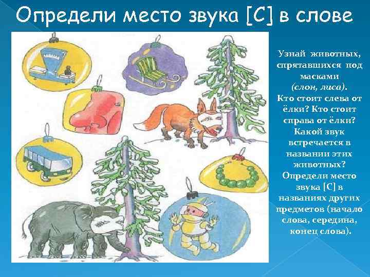 Определи место звука [С] в слове Узнай животных, спрятавшихся под масками (слон, лиса). Кто