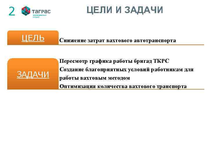 2 ЦЕЛИ И ЗАДАЧИ ЦЕЛЬ ЗАДАЧИ Снижение затрат вахтового автотранспорта Пересмотр графика работы бригад