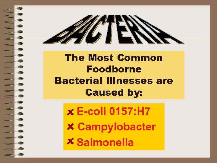 The Most Common Foodborne Bacterial Illnesses are Caused by: E-coli 0157: H 7 Campylobacter