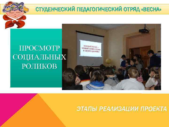 СТУДЕНЧЕСКИЙ ПЕДАГОГИЧЕСКИЙ ОТРЯД «ВЕСНА» ПРОСМОТР СОЦИАЛЬНЫХ РОЛИКОВ ЭТАПЫ РЕАЛИЗАЦИИ ПРОЕКТА 