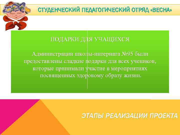 СТУДЕНЧЕСКИЙ ПЕДАГОГИЧЕСКИЙ ОТРЯД «ВЕСНА» ПОДАРКИ ДЛЯ УЧАЩИХСЯ Администрации школы-интерната № 95 были предоставлены сладкие