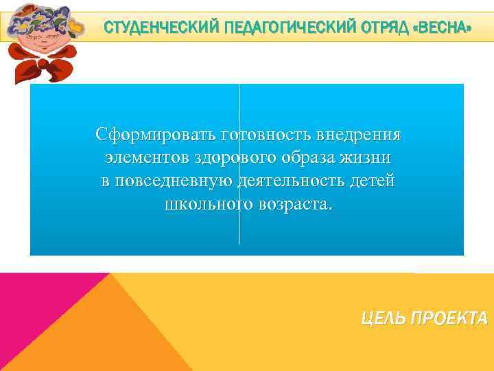 СТУДЕНЧЕСКИЙ ПЕДАГОГИЧЕСКИЙ ОТРЯД «ВЕСНА» Сформировать готовность внедрения элементов здорового образа жизни в повседневную деятельность