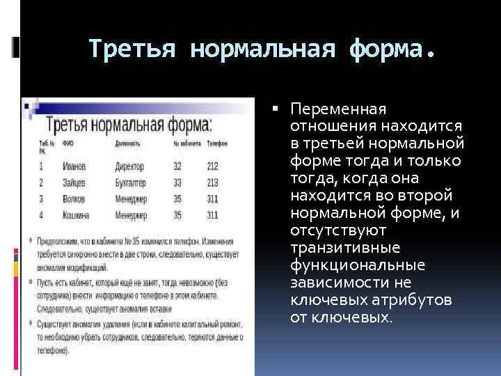Третья нормальная форма. Переменная отношения находится в третьей нормальной форме тогда и только тогда,