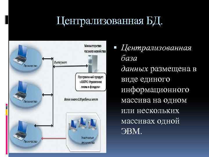 Централизованная БД. Централизованная база данных размещена в виде единого информационного массива на одном или