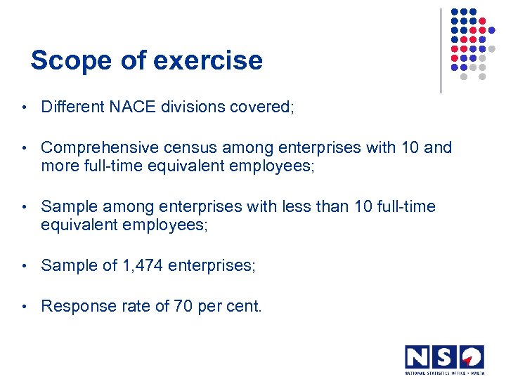 Scope of exercise • Different NACE divisions covered; • Comprehensive census among enterprises with