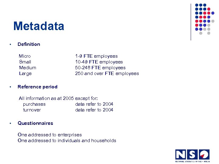 Metadata • Definition Micro Small Medium Large • 1 -9 FTE employees 10 -49