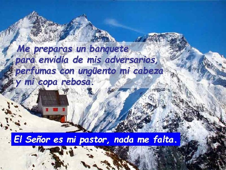 Me preparas un banquete para envidia de mis adversarios, perfumas con ungüento mi cabeza