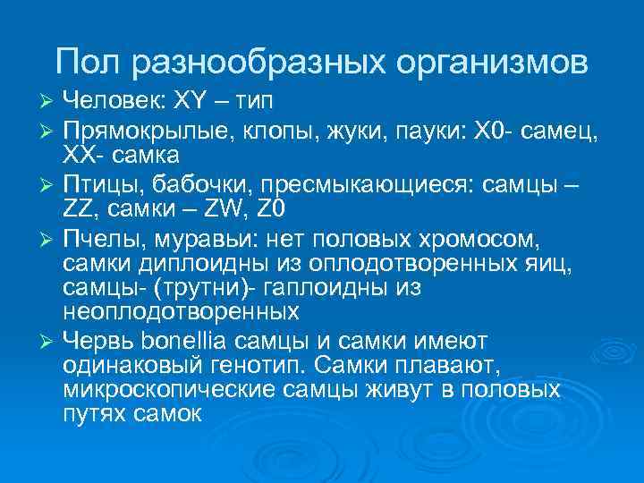 Пол разнообразных организмов Человек: ХY – тип Прямокрылые, клопы, жуки, пауки: Х 0 -