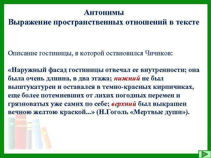 Антонимы Выражение пространственных отношений в тексте Описание гостиницы, в которой остановился Чичиков: «Наружный фасад