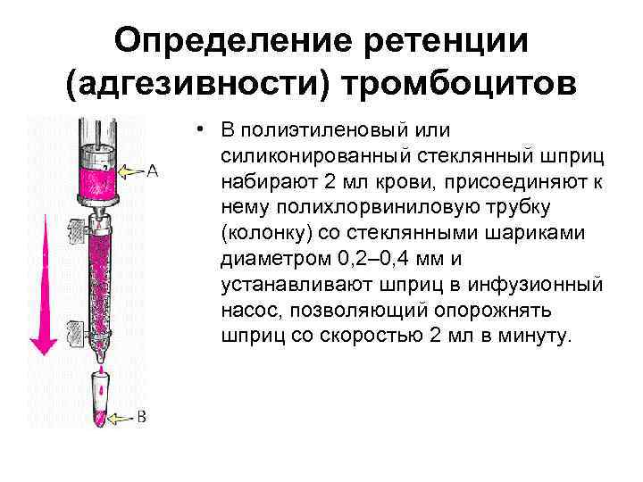 Определение ретенции (адгезивности) тромбоцитов • В полиэтиленовый или силиконированный стеклянный шприц набирают 2 мл