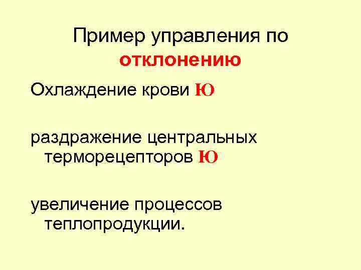 Пример управления по отклонению Охлаждение крови Ю раздражение центральных терморецепторов Ю увеличение процессов теплопродукции.