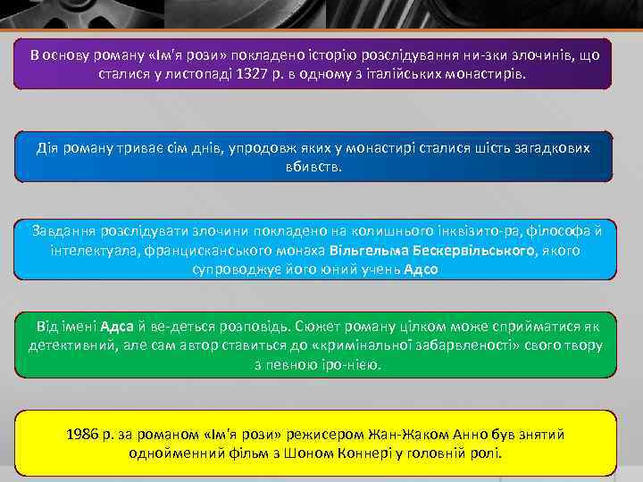 В основу роману «Ім'я рози» покладено історію розслідування ни зки злочинів, що сталися у
