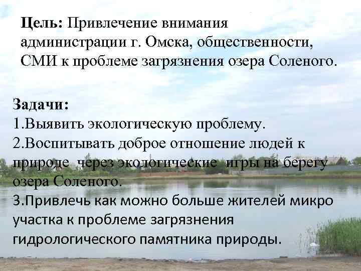 Цель: Привлечение внимания администрации г. Омска, общественности, СМИ к проблеме загрязнения озера Соленого. Задачи: