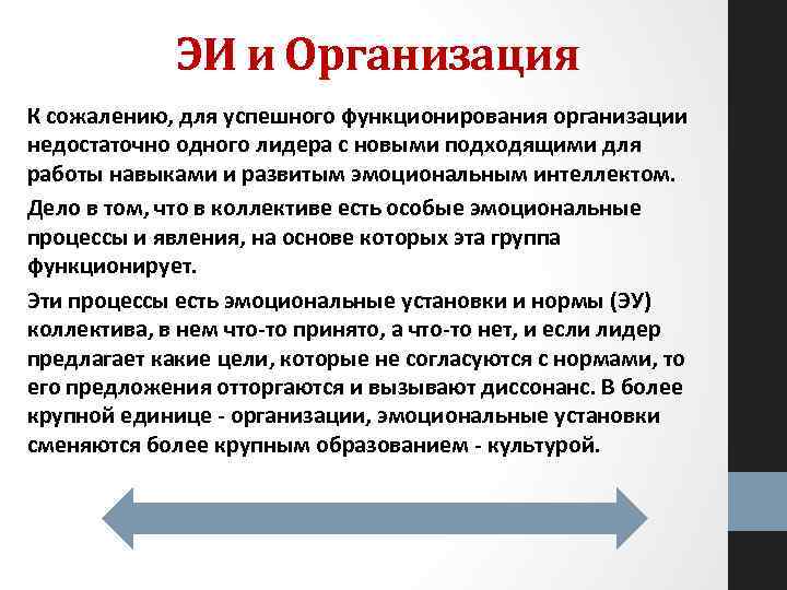 ЭИ и Организация К сожалению, для успешного функционирования организации недостаточно одного лидера с новыми