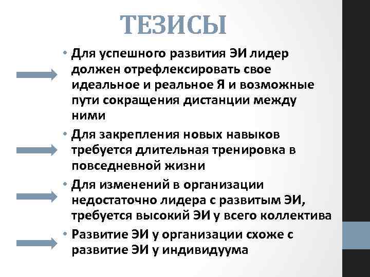 ТЕЗИСЫ • Для успешного развития ЭИ лидер должен отрефлексировать свое идеальное и реальное Я