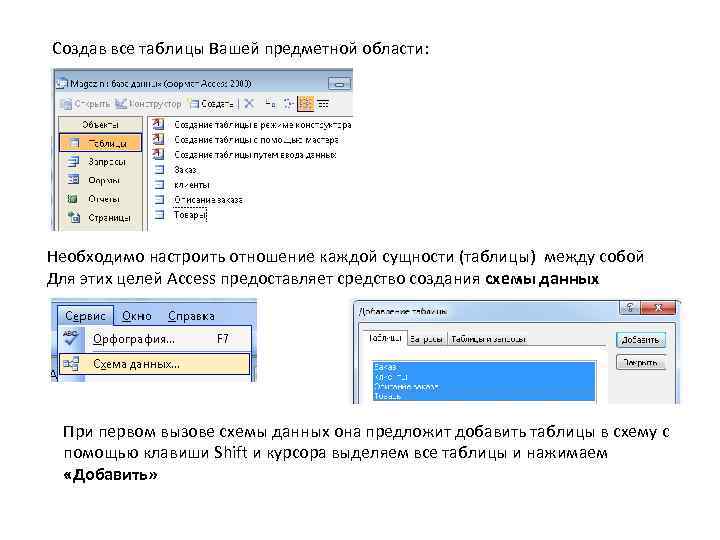 Создав все таблицы Вашей предметной области: Необходимо настроить отношение каждой сущности (таблицы) между собой