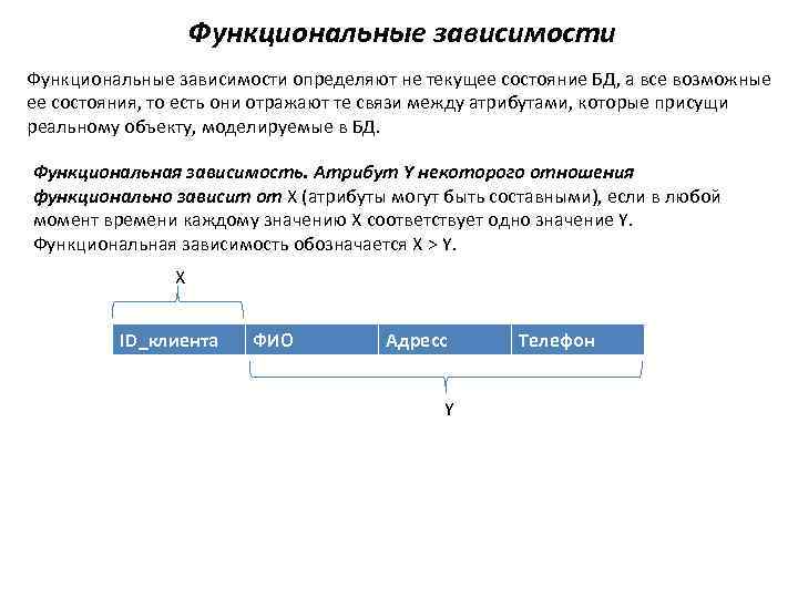 Функциональные зависимости определяют не текущее состояние БД, а все возможные ее состояния, то есть