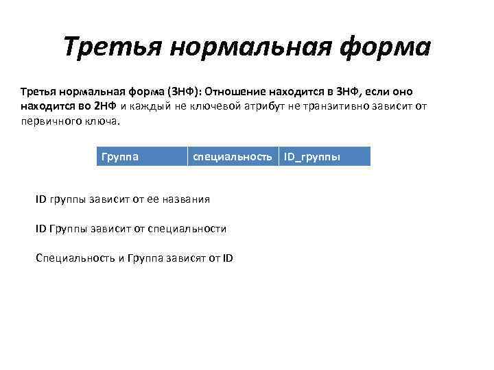 Третья нормальная форма (3 НФ): Отношение находится в 3 НФ, если оно находится во