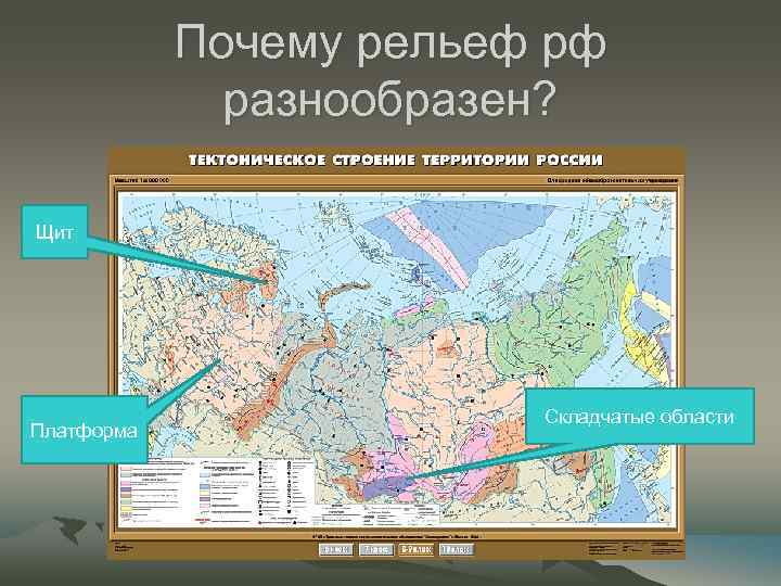 Почему рельеф рф разнообразен? Щит Платформа Складчатые области 