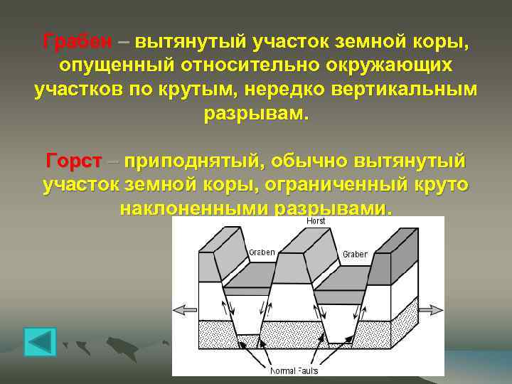 Грабен – вытянутый участок земной коры, опущенный относительно окружающих участков по крутым, нередко вертикальным