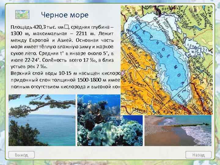 Черное море Площадь 420, 3 тыс. км , средняя глубина – 1300 м, максимальная