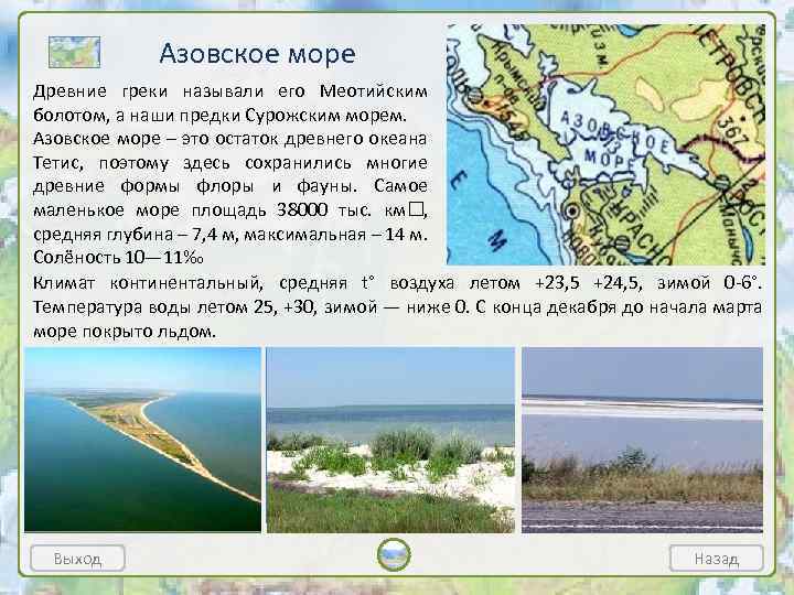 Азовское море Древние греки называли его Меотийским болотом, а наши предки Сурожским морем. Азовское