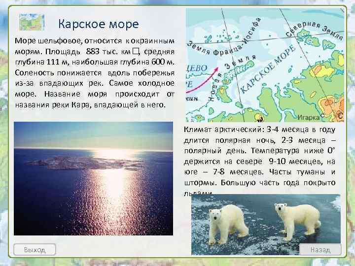 Карское море Море шельфовое, относится к окраинным морям. Площадь 883 тыс. км , средняя