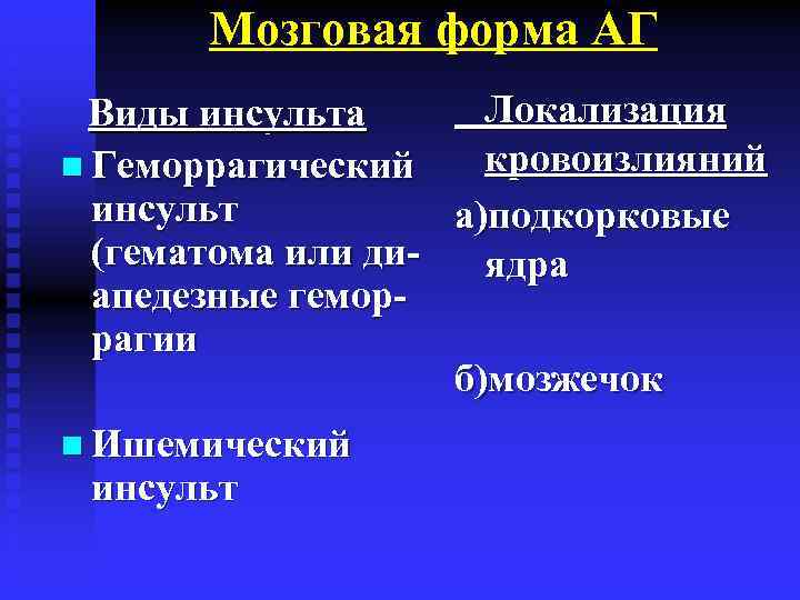 Мозговая форма АГ Локализация Виды инсульта кровоизлияний n Геморрагический инсульт а)подкорковые (гематома или диядра