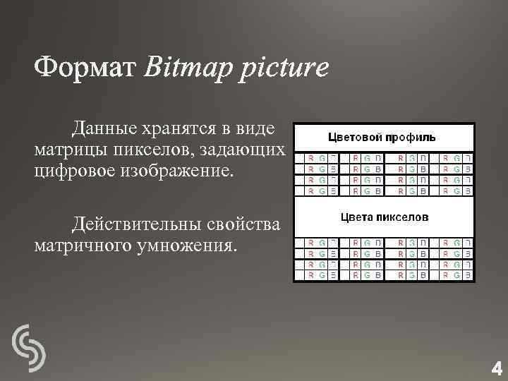 Данные хранятся в виде матрицы пикселов, задающих цифровое изображение. Действительны свойства матричного умножения. 