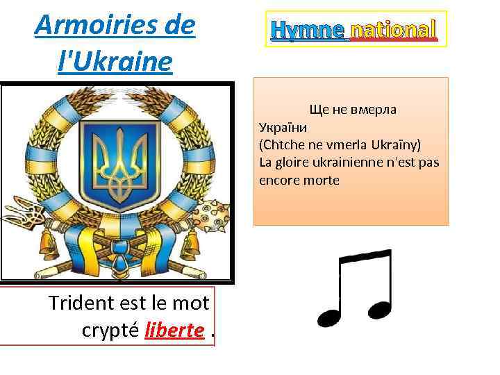 Armoiries de l'Ukraine Hymne national Ще не вмерла України (Chtche ne vmerla Ukraïny) La