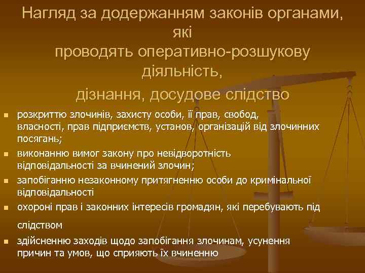 Нагляд за додержанням законів органами, які проводять оперативно-розшукову діяльність, дізнання, досудове слідство n n