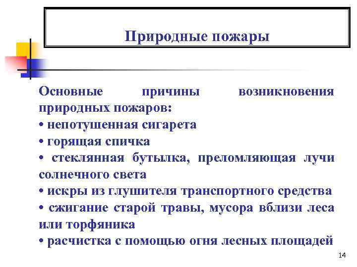 Природные пожары Основные причины возникновения природных пожаров: • непотушенная сигарета • горящая спичка •