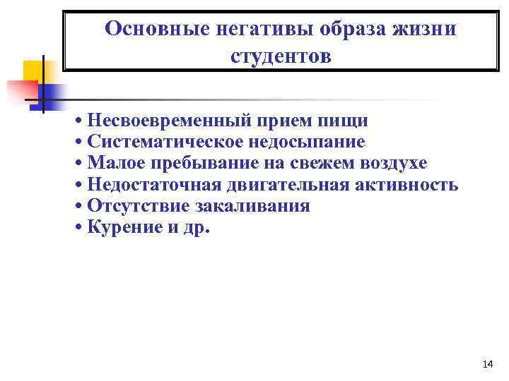 Основные негативы образа жизни студентов • Несвоевременный прием пищи • Систематическое недосыпание • Малое