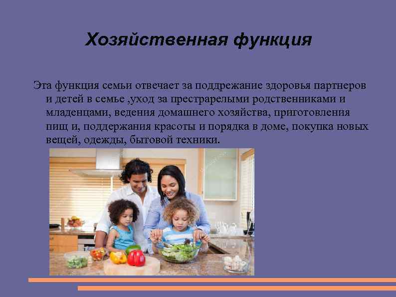 Хозяйственная функция Эта функция семьи отвечает за поддрежание здоровья партнеров и детей в семье