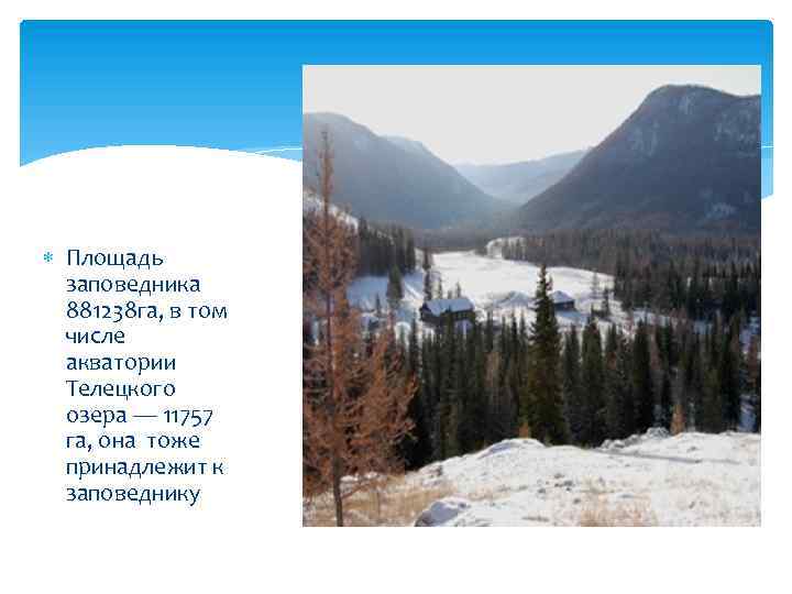  Площадь заповедника 881238 га, в том числе акватории Телецкого озера — 11757 га,