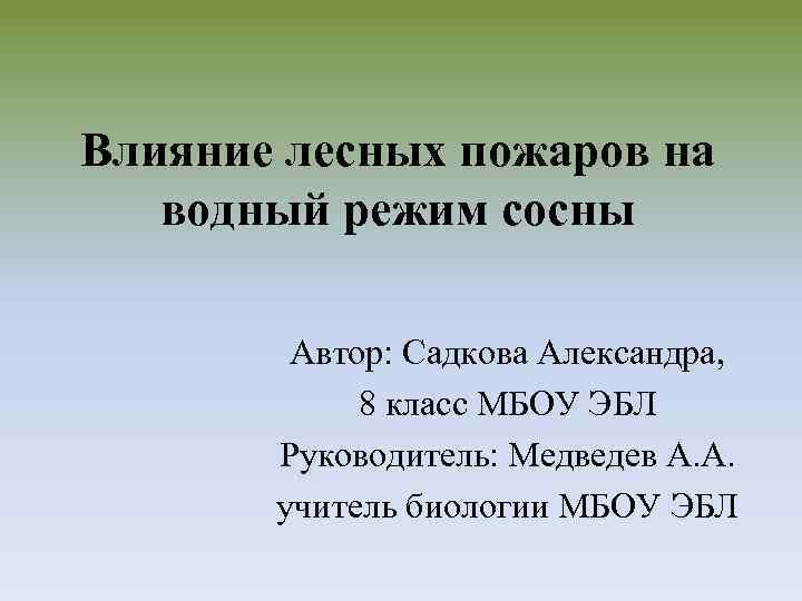 Влияние лесных пожаров на водный режим сосны Автор: Садкова Александра, 8 класс МБОУ ЭБЛ