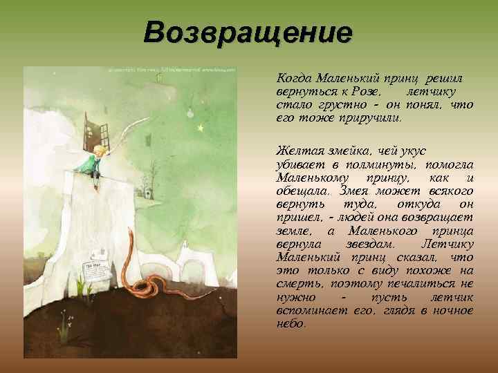 Возвращение Когда Маленький принц решил вернуться к Розе, летчику стало грустно - он понял,