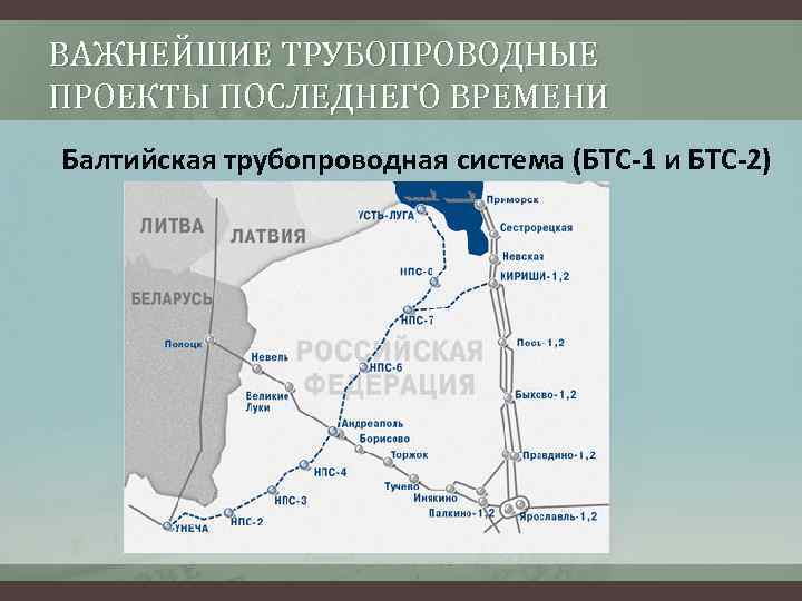 ВАЖНЕЙШИЕ ТРУБОПРОВОДНЫЕ ПРОЕКТЫ ПОСЛЕДНЕГО ВРЕМЕНИ Балтийская трубопроводная система (БТС-1 и БТС-2) 