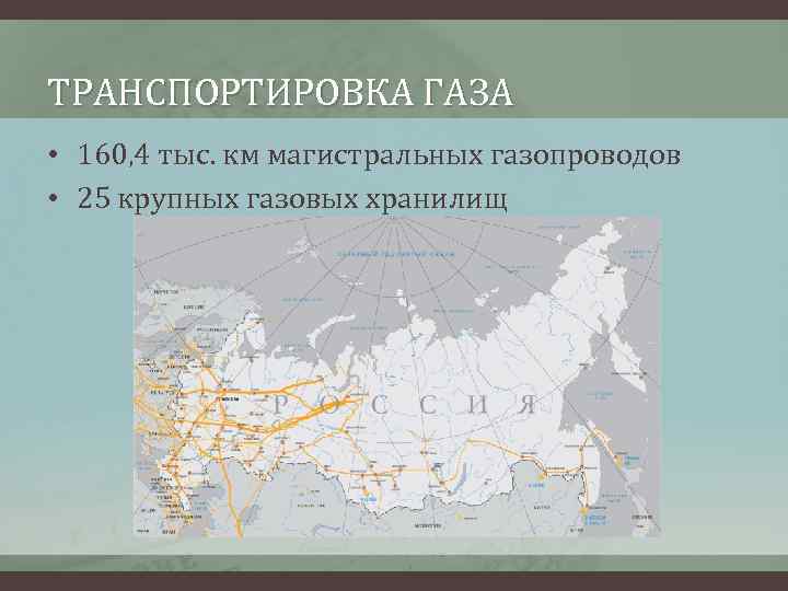 ТРАНСПОРТИРОВКА ГАЗА • 160, 4 тыс. км магистральных газопроводов • 25 крупных газовых хранилищ