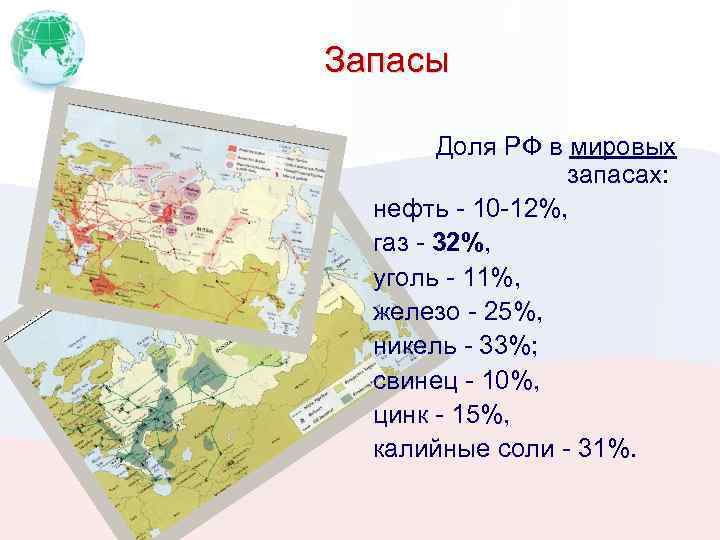 Запасы Доля РФ в мировых запасах: нефть - 10 -12%, газ - 32%, уголь