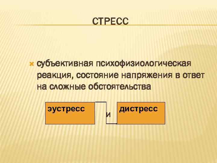СТРЕСС субъективная психофизиологическая реакция, состояние напряжения в ответ на сложные обстоятельства эустресс и дистресс