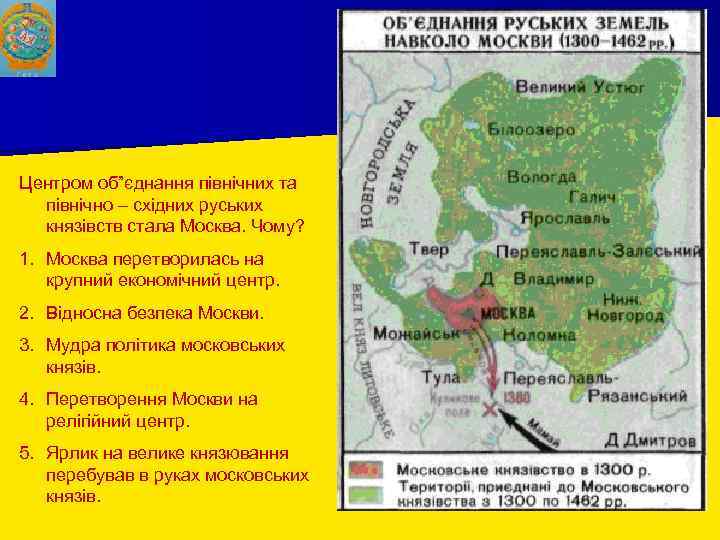 Центром об”єднання північних та північно – східних руських князівств стала Москва. Чому? 1. Москва