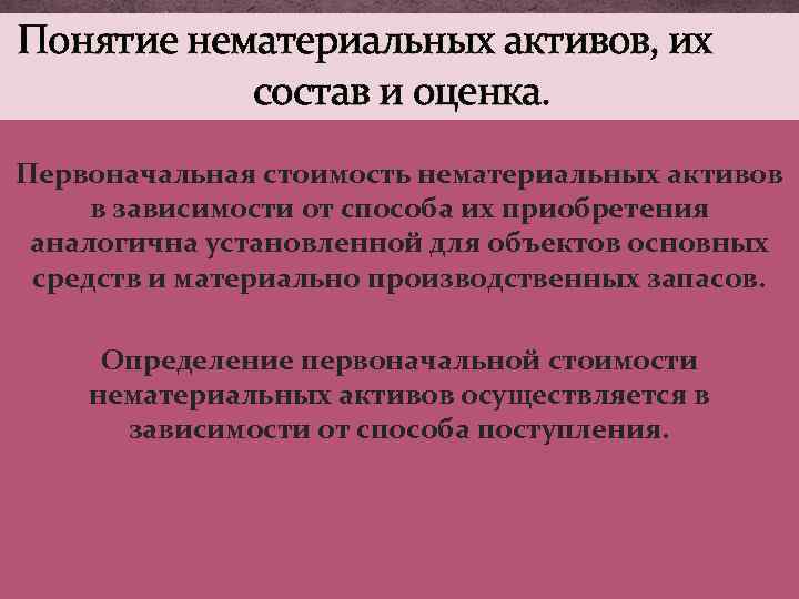 Понятие нематериальных активов, их состав и оценка. Первоначальная стоимость нематериальных активов в зависимости от