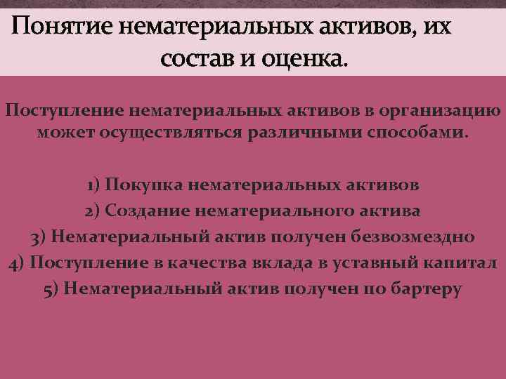 Понятие нематериальных активов, их состав и оценка. Поступление нематериальных активов в организацию может осуществляться