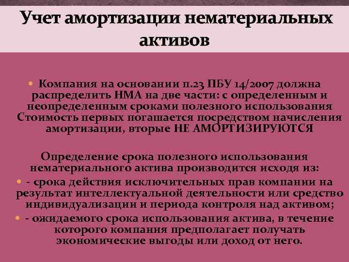 Учет амортизации нематериальных активов Компания на основании п. 23 ПБУ 14/2007 должна распределить НМА