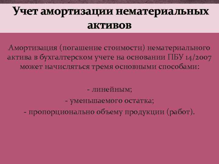 Учет амортизации нематериальных активов Амортизация (погашение стоимости) нематериального актива в бухгалтерском учете на основании