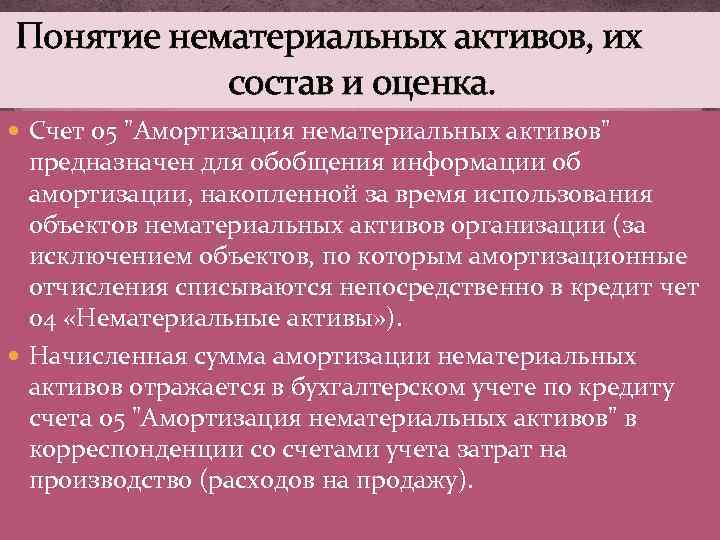 Понятие нематериальных активов, их состав и оценка. Счет 05 
